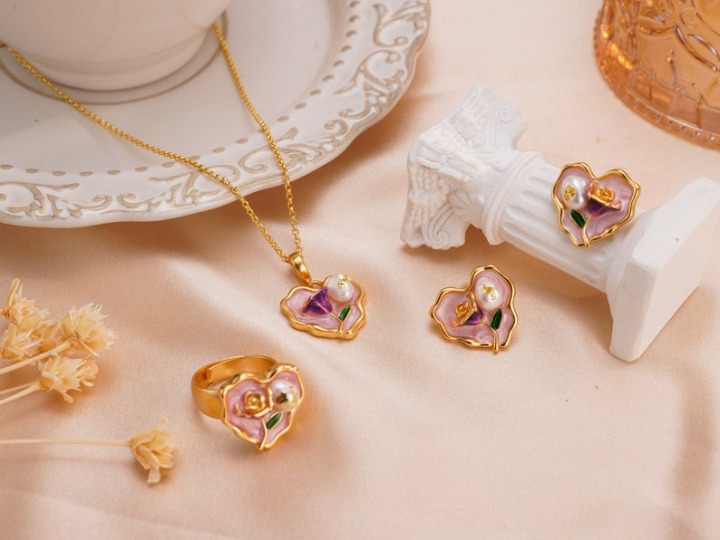 Monet Garden Enamel Flower Pearl Jewelry Set/Bridesmaid Gift for Her