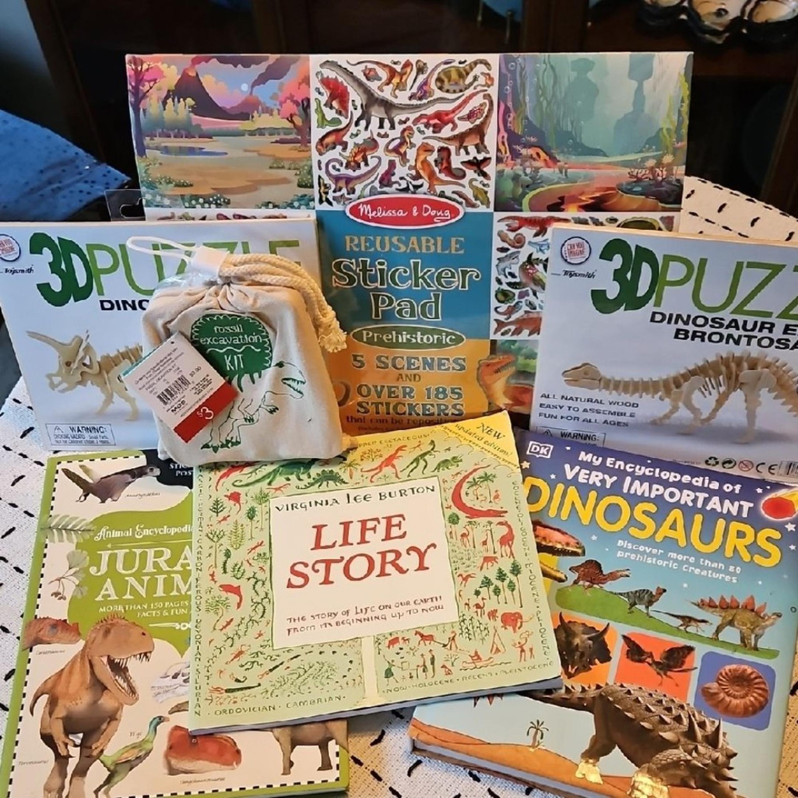 Collection of Kids' Dinosaur Books, Puzzles, and Activities