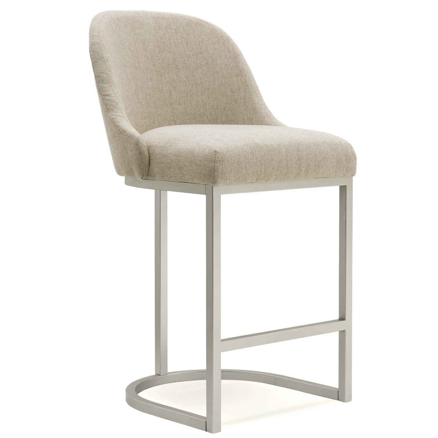 Barrelback Counter Stool with Oatmeal Linen Seat and Pewter Metal Base, Set of 2