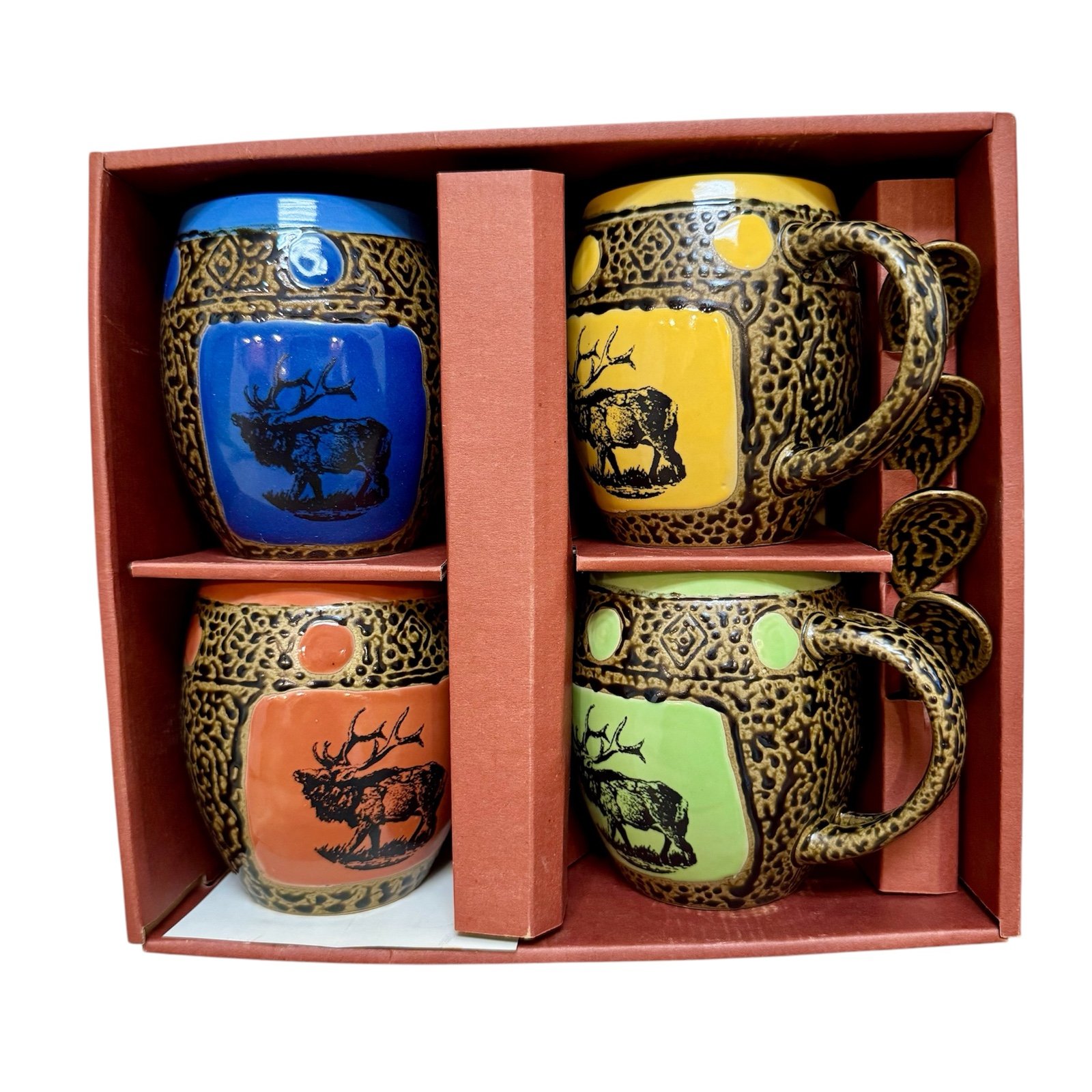 Always Azul Pottery Colorado Set of 4 Elk Coffee Mugs 14oz with Stir Spoons New