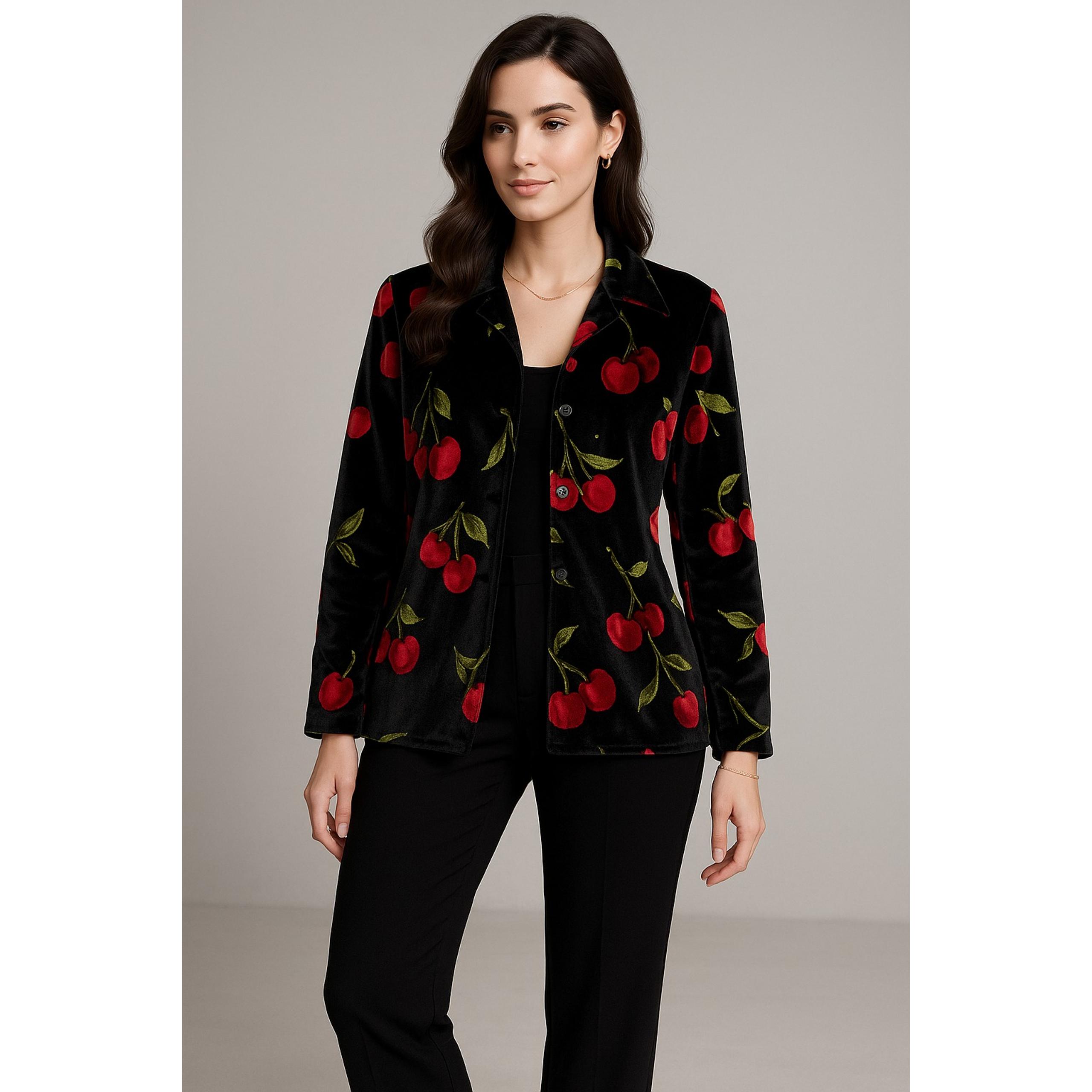 Quacker Factory Jacket Womens M Black Velvet Plush Cherry Embellished Blazer