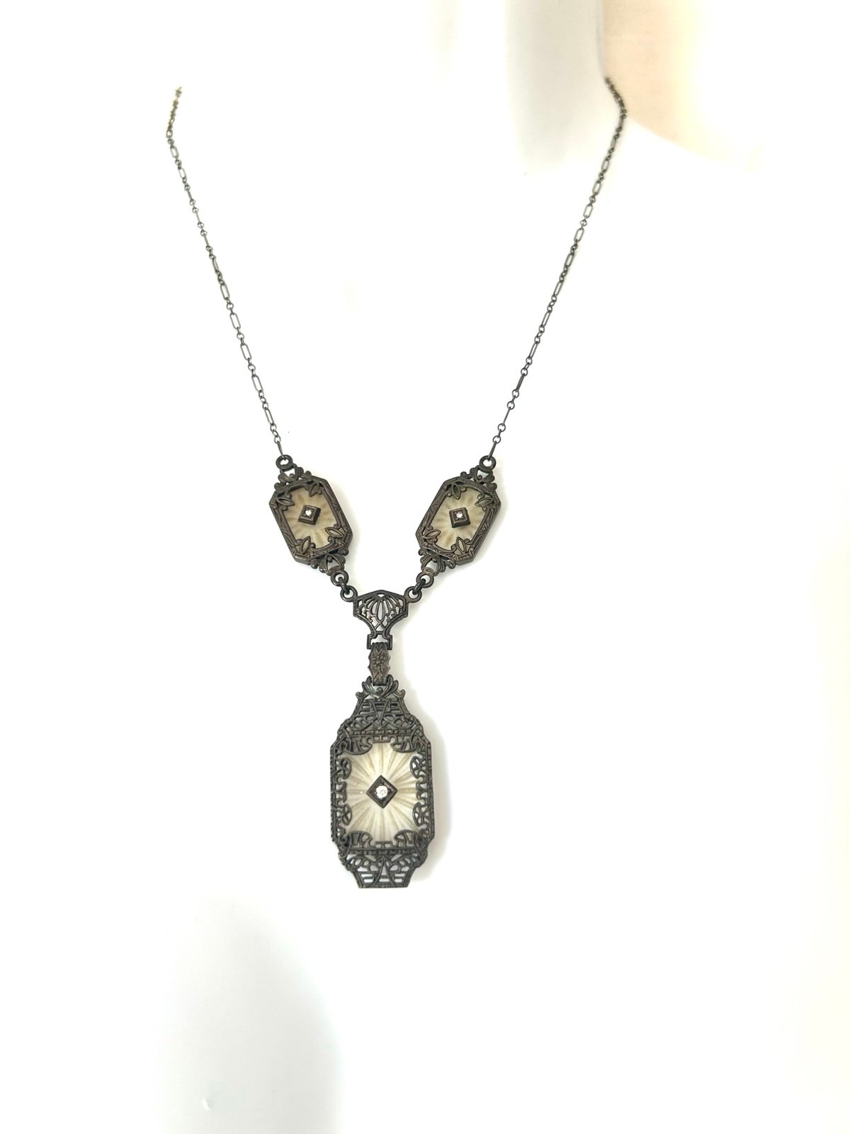 Art Deco camphor glass and diamond drop pendant. Sterling silver 925 chain.