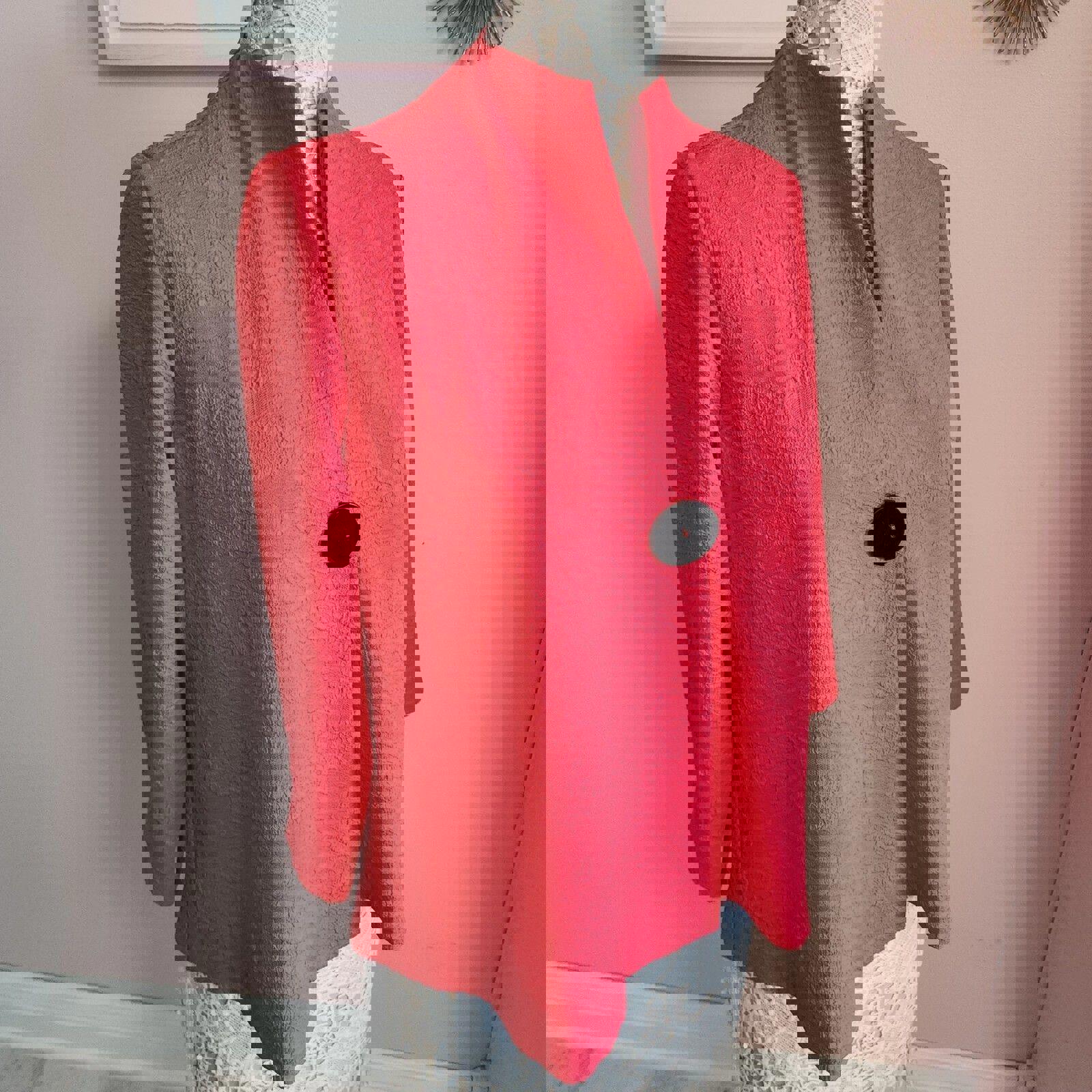 NWT Yushi reddish pink top jacket light weight big button textured m ? RR12