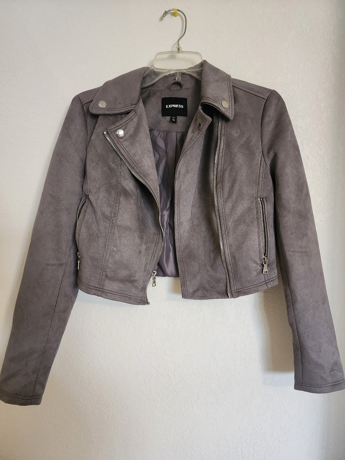 Leather JacketExpress Heather Gray Faux Suede Moto Jacket with Zipper Pockets