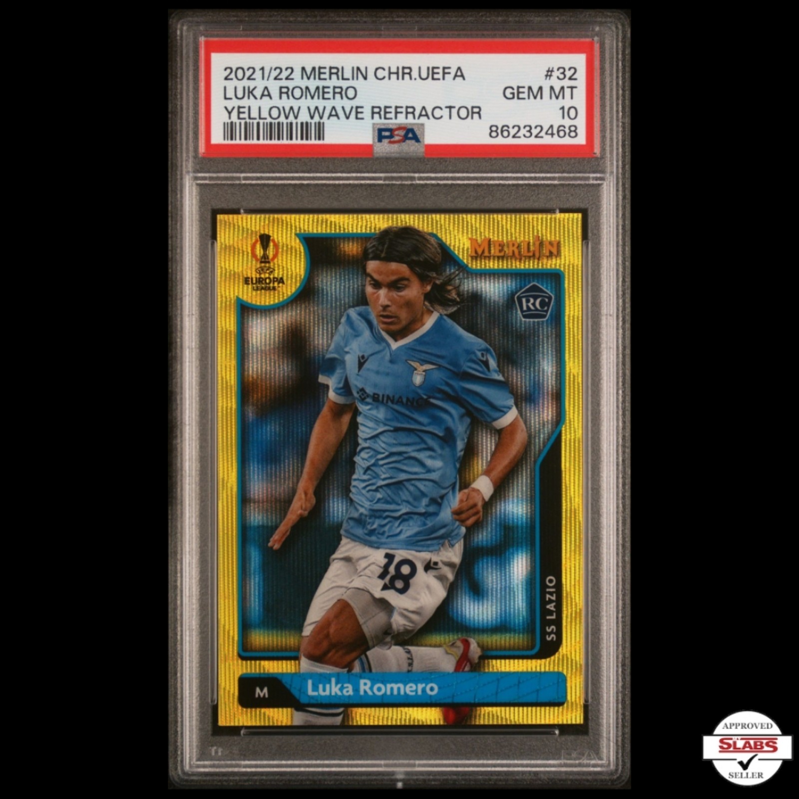 PSA 10 2021-22 Topps Merlin UEFA Yellow Wave Refractor /225 Luka Romero RC #32