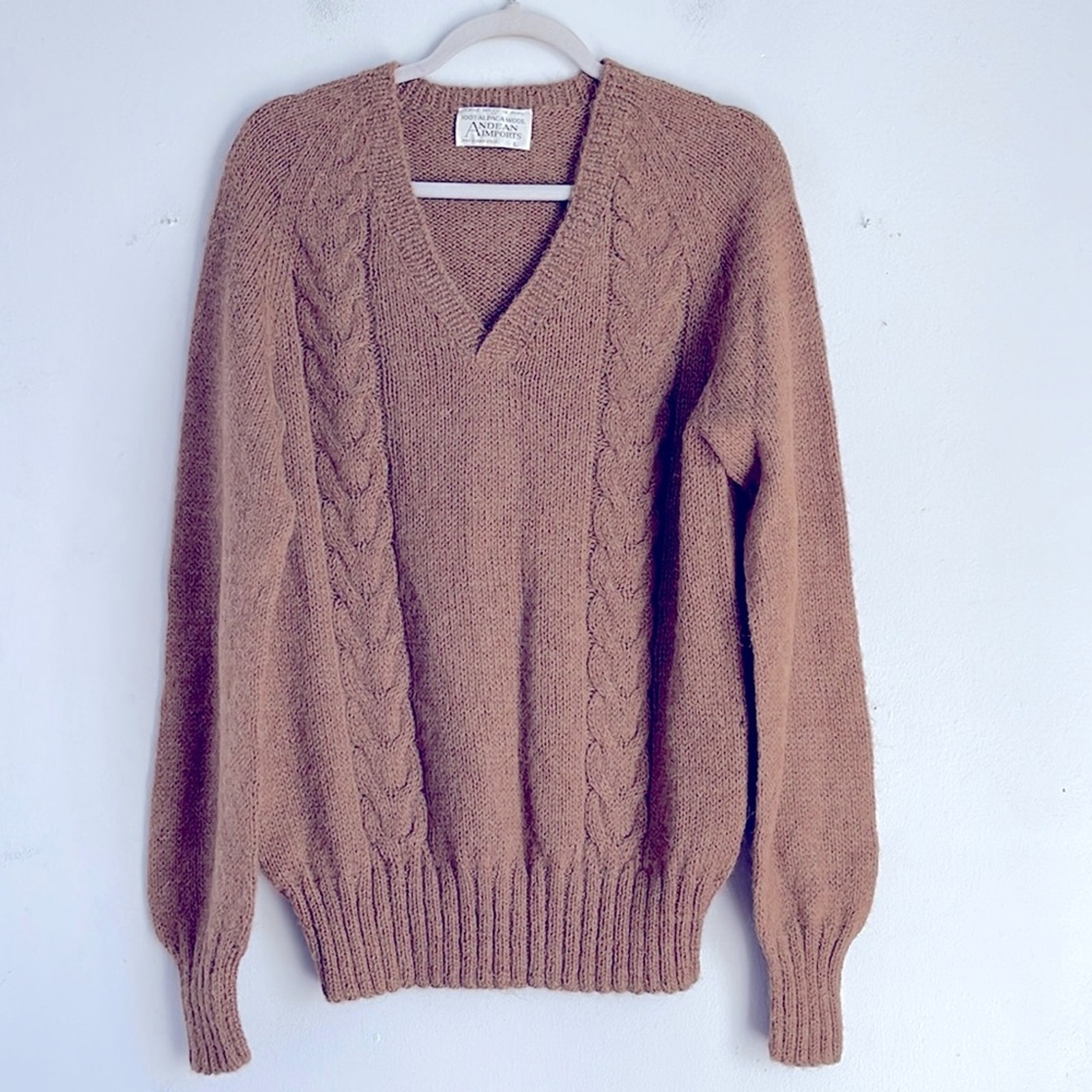 Vintage Andean Imports 100% alpaca wool cable knit V neck grandpa sweater sz L