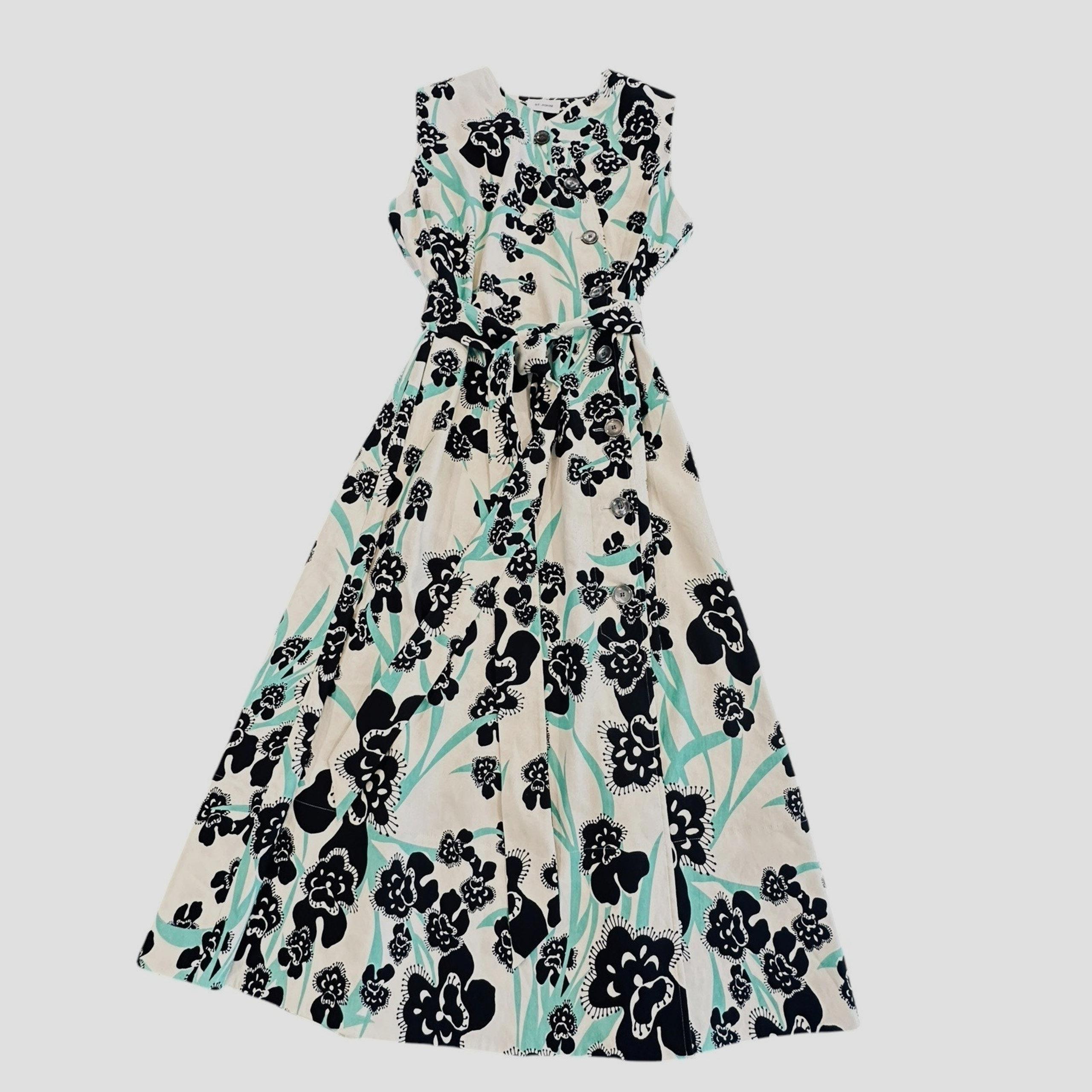 ST. JOHN Dress SZ 12 Orchid Fever Print Belted Midi Sleeveless Linen Blend Twill