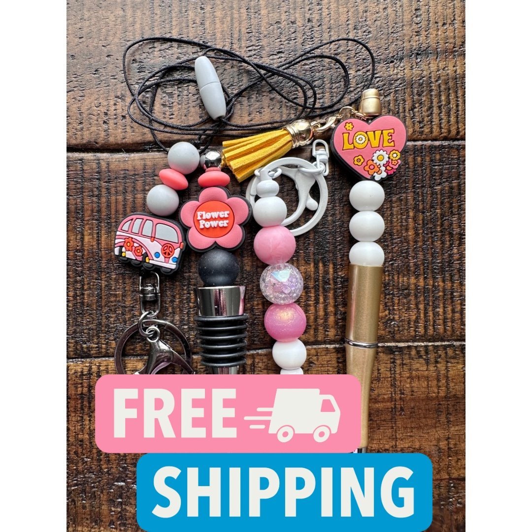 Beaded Set: Pen Keychain Lanyard Wine Stopper