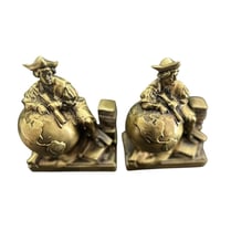 Vintage Christopher Columbus World Globe Brass Bookends Craftsman