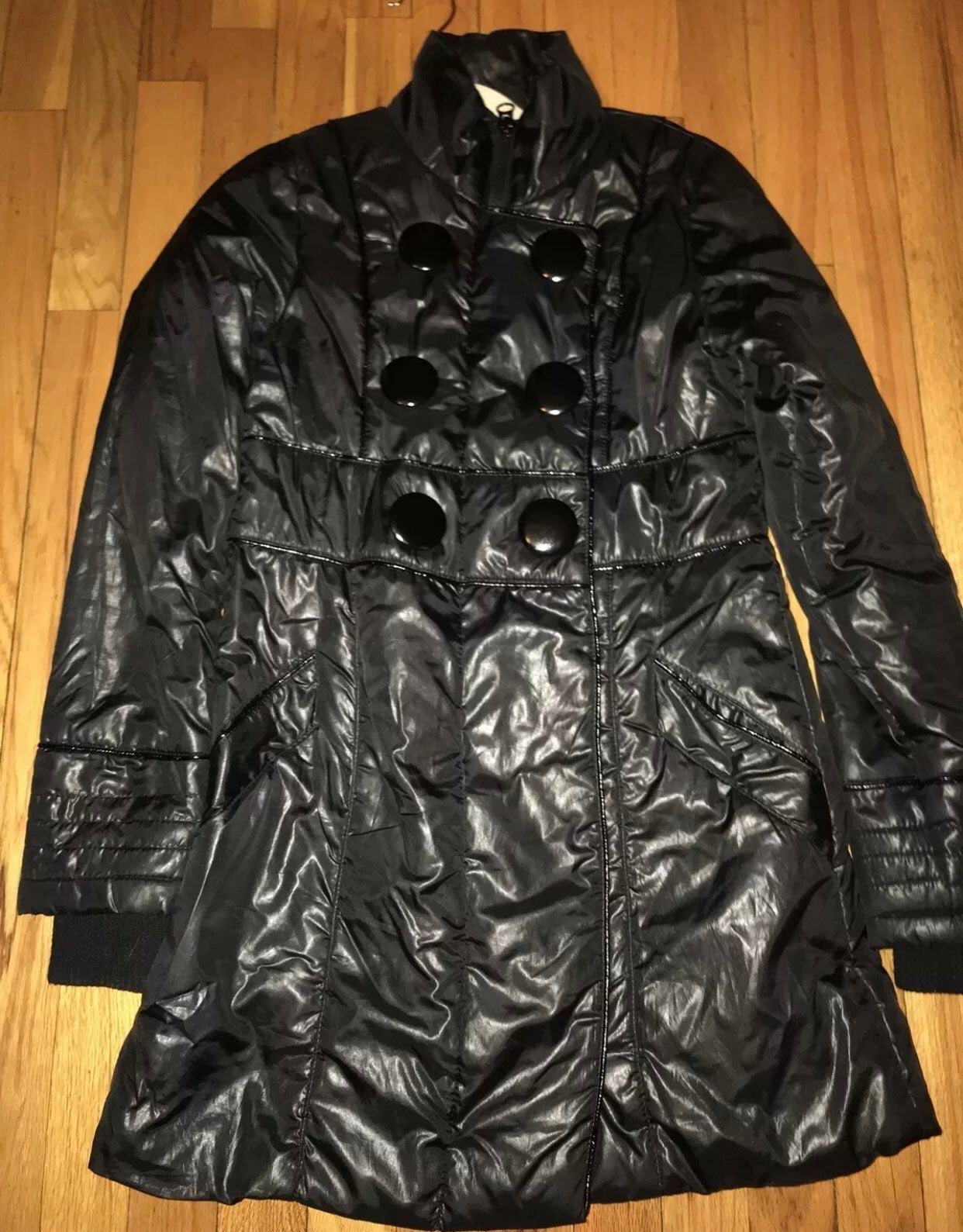Delia’s Shiny Black Puffy Long Warm Trench Coat Jacket Oversize Buttons Sz Small