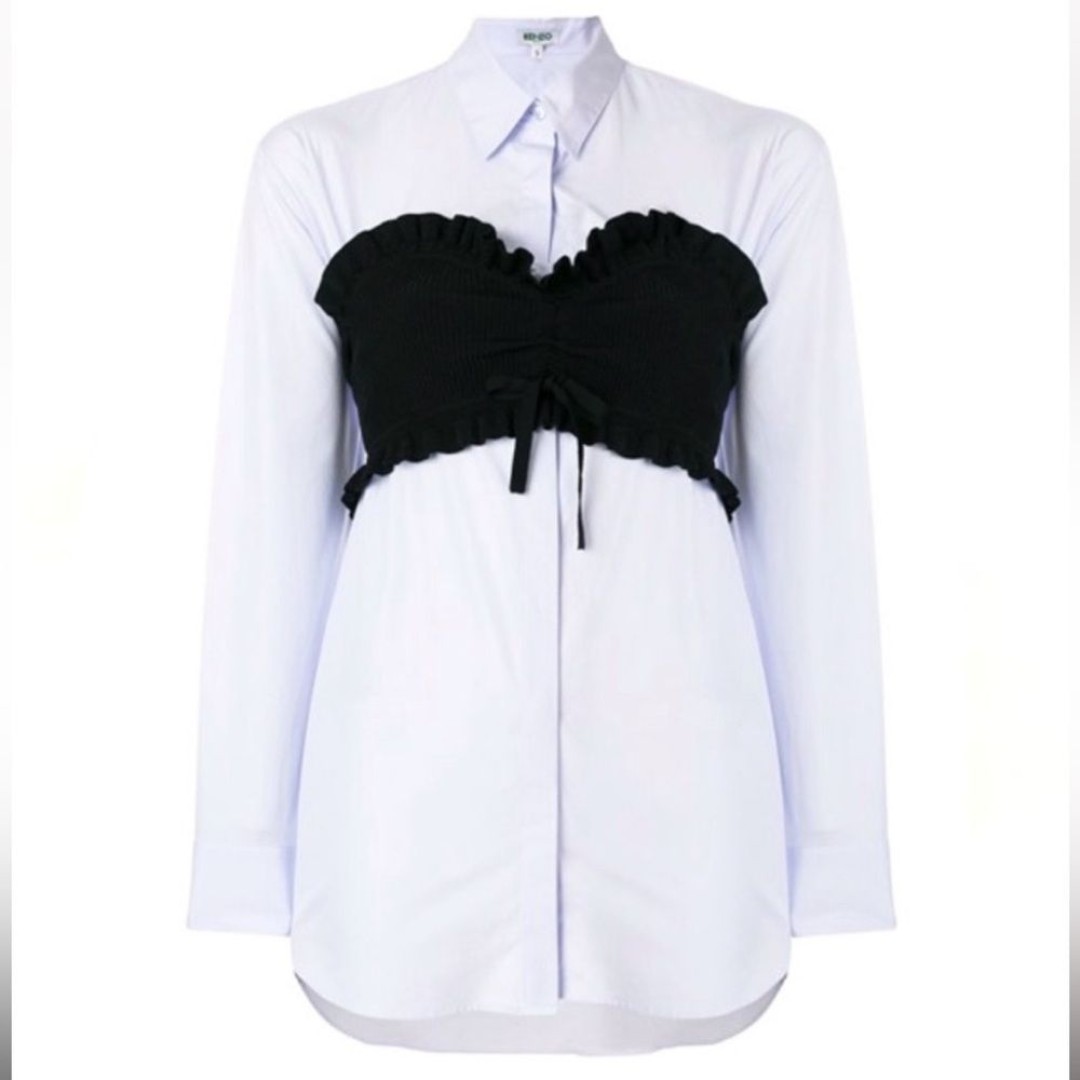 NWT Kenzo Bustier Button Down longline Shirt White/ black Knit Bustier S 495
