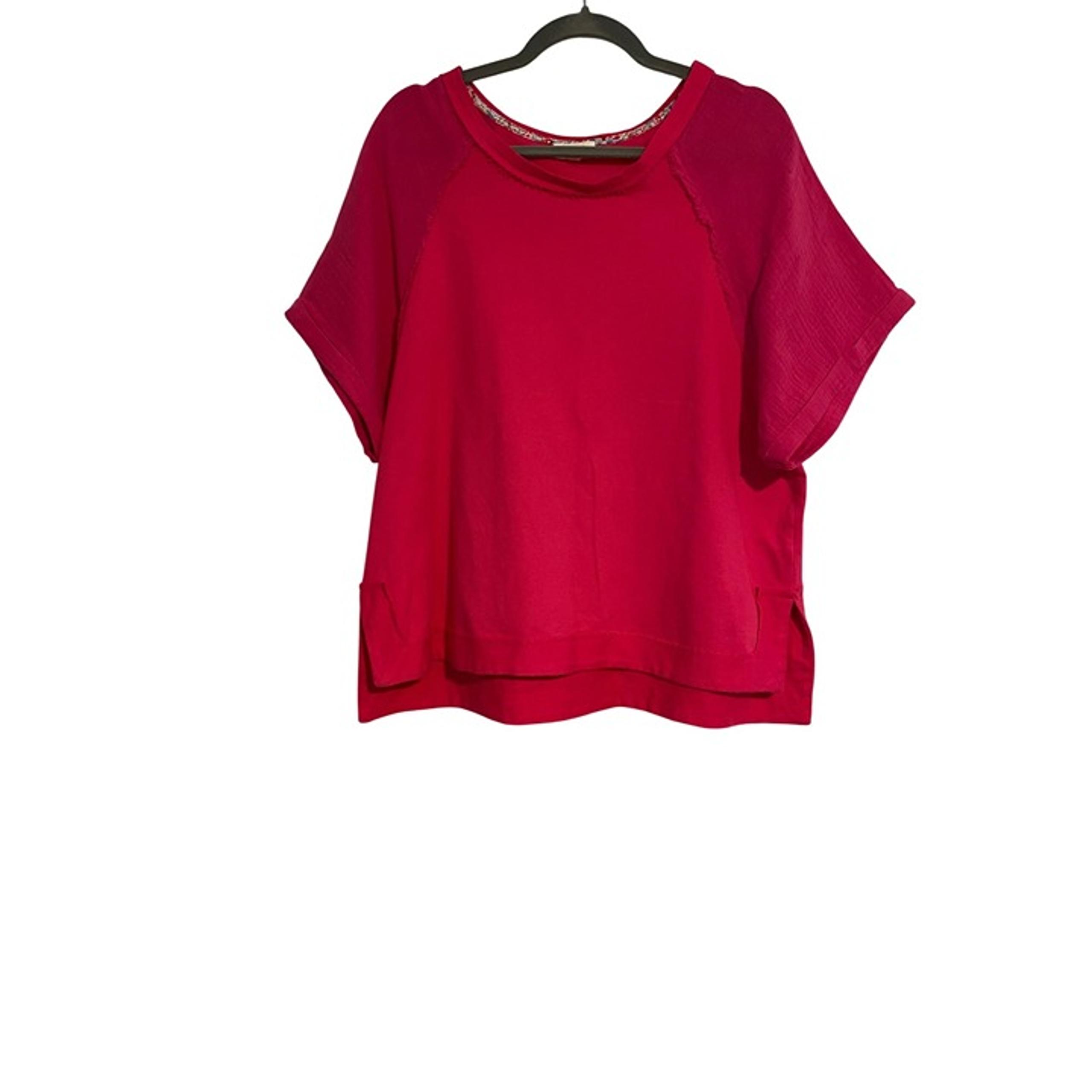 Umgee  Womens Hot Pink Short Sleeve Cotton Top Size S Frayed Edge Gauzey Sleeves