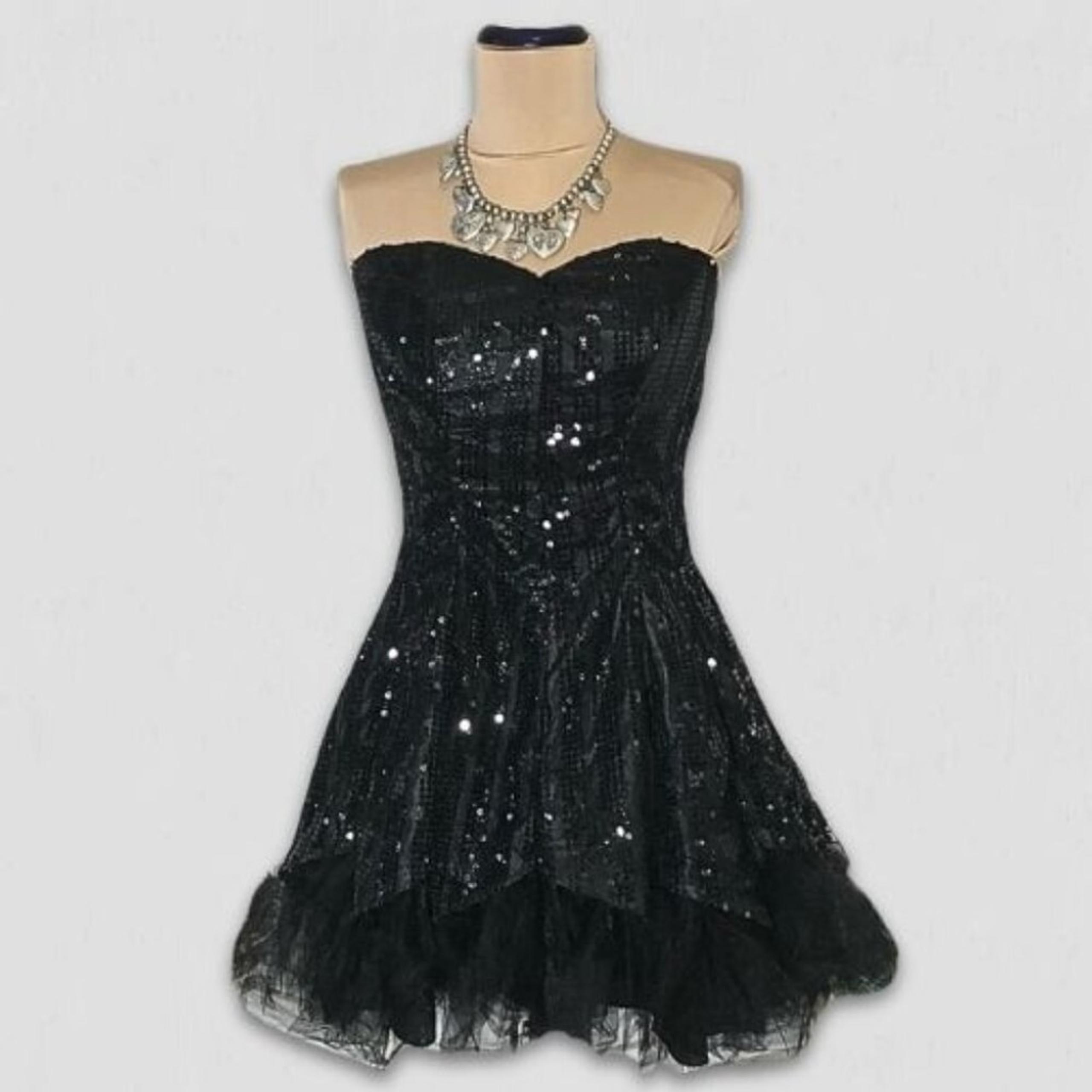 Vintage Y2K Masquerade Sequin Corset Tulle Mini Prom Dress Strapless Black sz S