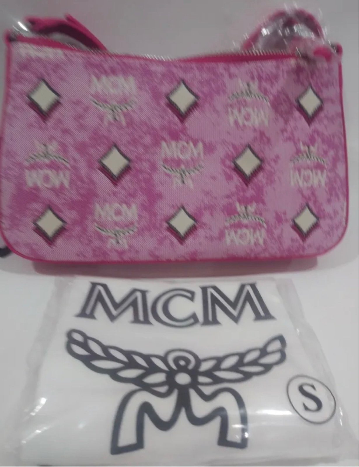 NWT MCM Aren Shoulder Bag in Vintage Monogram Jacquard pink