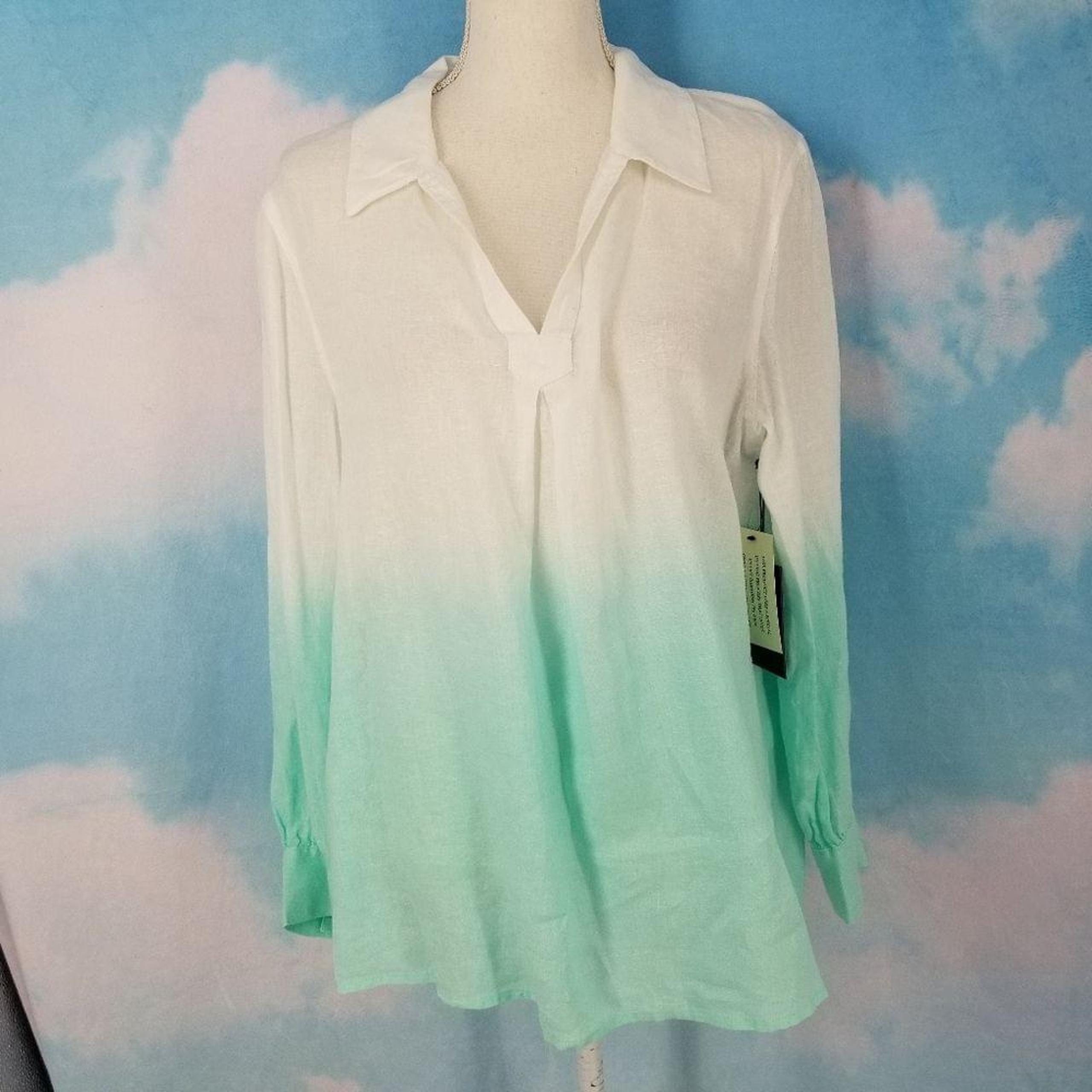 Vince Camuto Aqua White Dip Dye Linen Top Size Large NWT