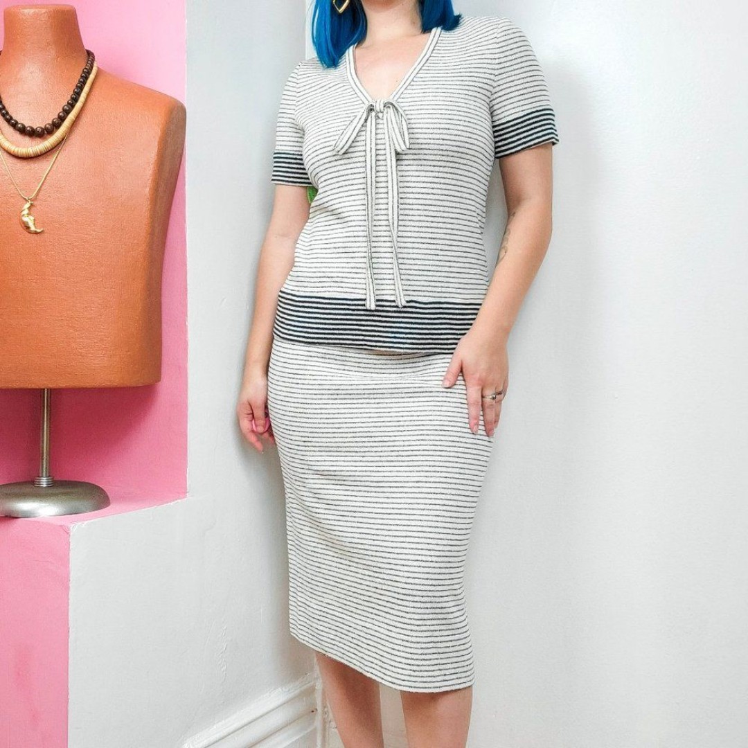 Vintage 1960s Deadstock Striped Two Piece Knit Skirt Set