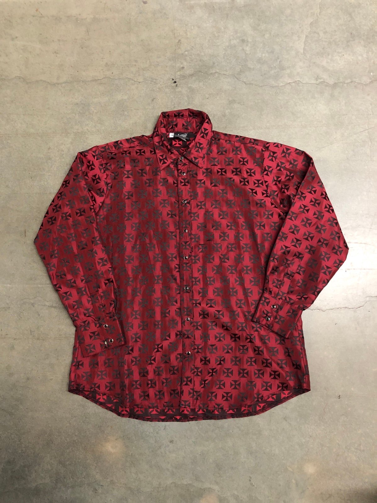 Vintage 90’s Shrine Hollywood Gothic Style Cross Pearl Snap Button Shirt Mens XL