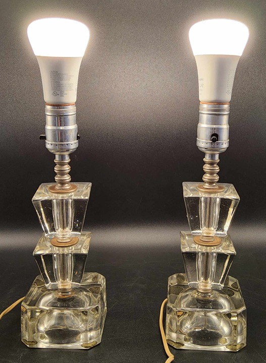 Pair of Vintage Heavy Clear Glass Cube 3 Tier Art Deco Lamps
