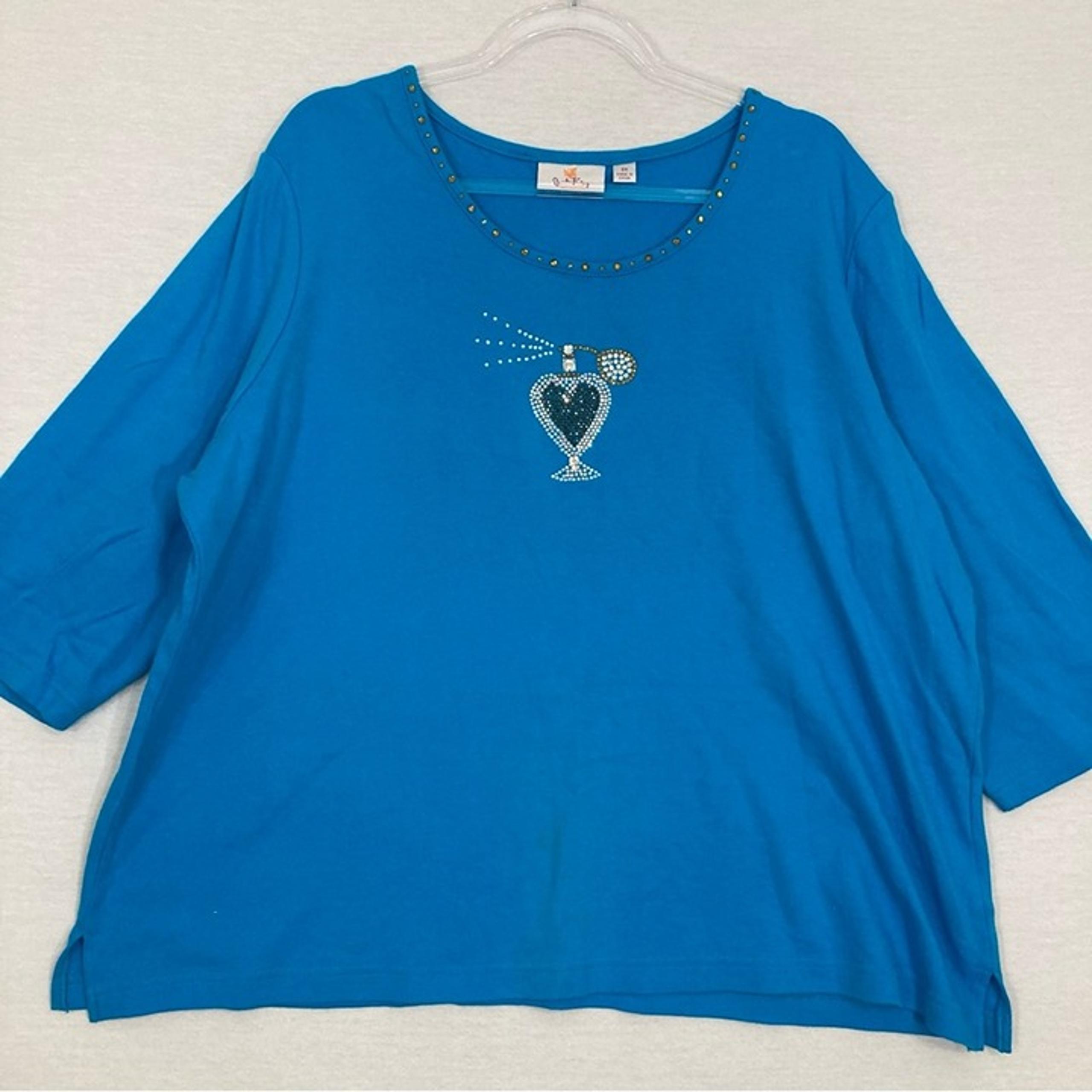 Quacker Factory Blue Round Neck Embellished Cotton Stretch Pullover Top 2X