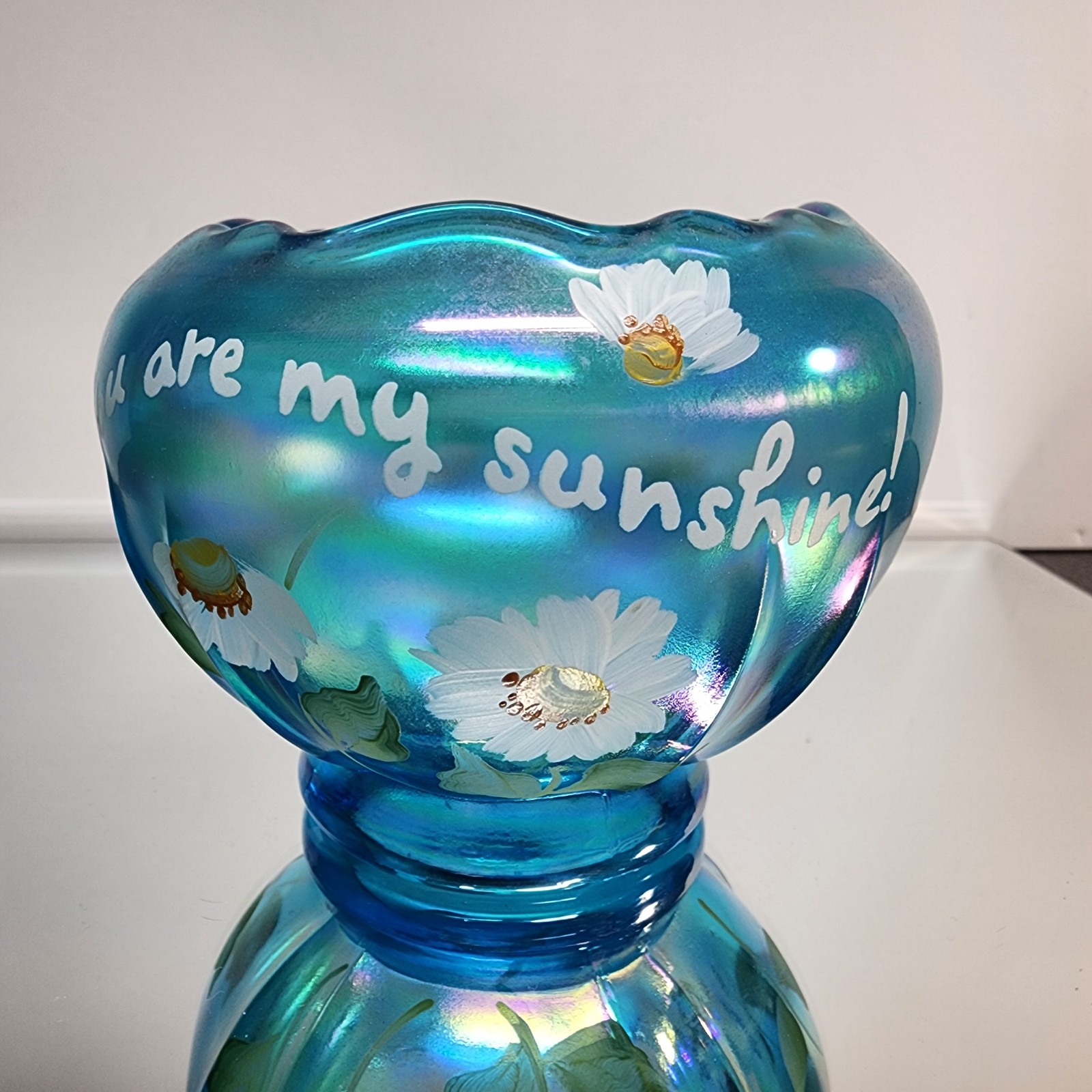 Fenton Iridescent Blue You Are My Sunshine Hand Painted Rose Bowl Signed!