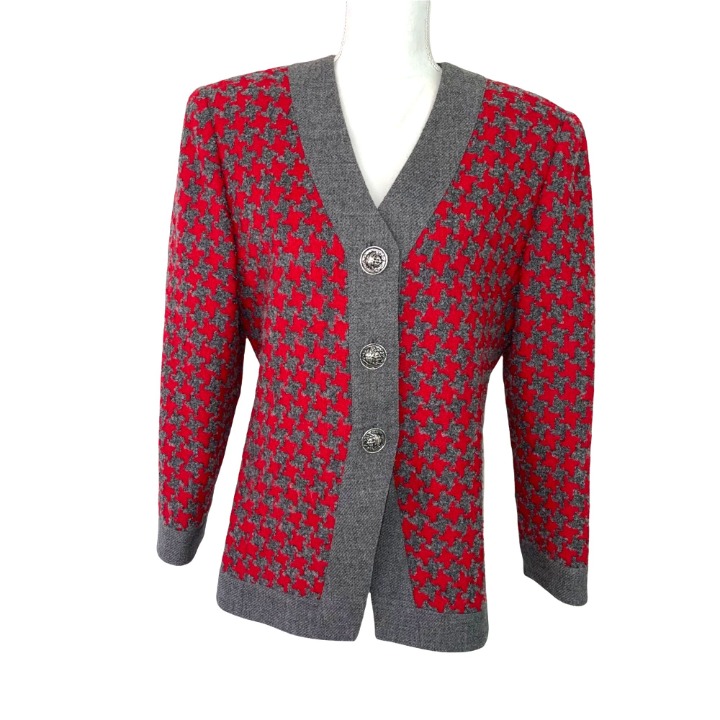 Helga Saks Fifth Avenue Blazer Womens Vintage Boucle Wool Houndstooth Red Gray