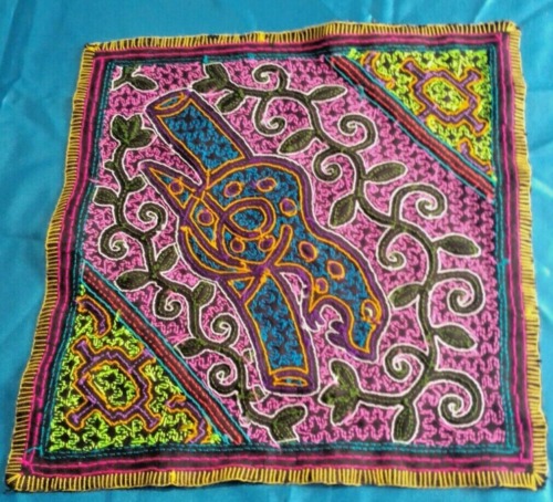 Hand embroidered shipibo altar snake design Amazon jungle