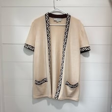 Vintage St. John Cream Black Open Cardigan Sweater Shirt Geometric Pockets Small