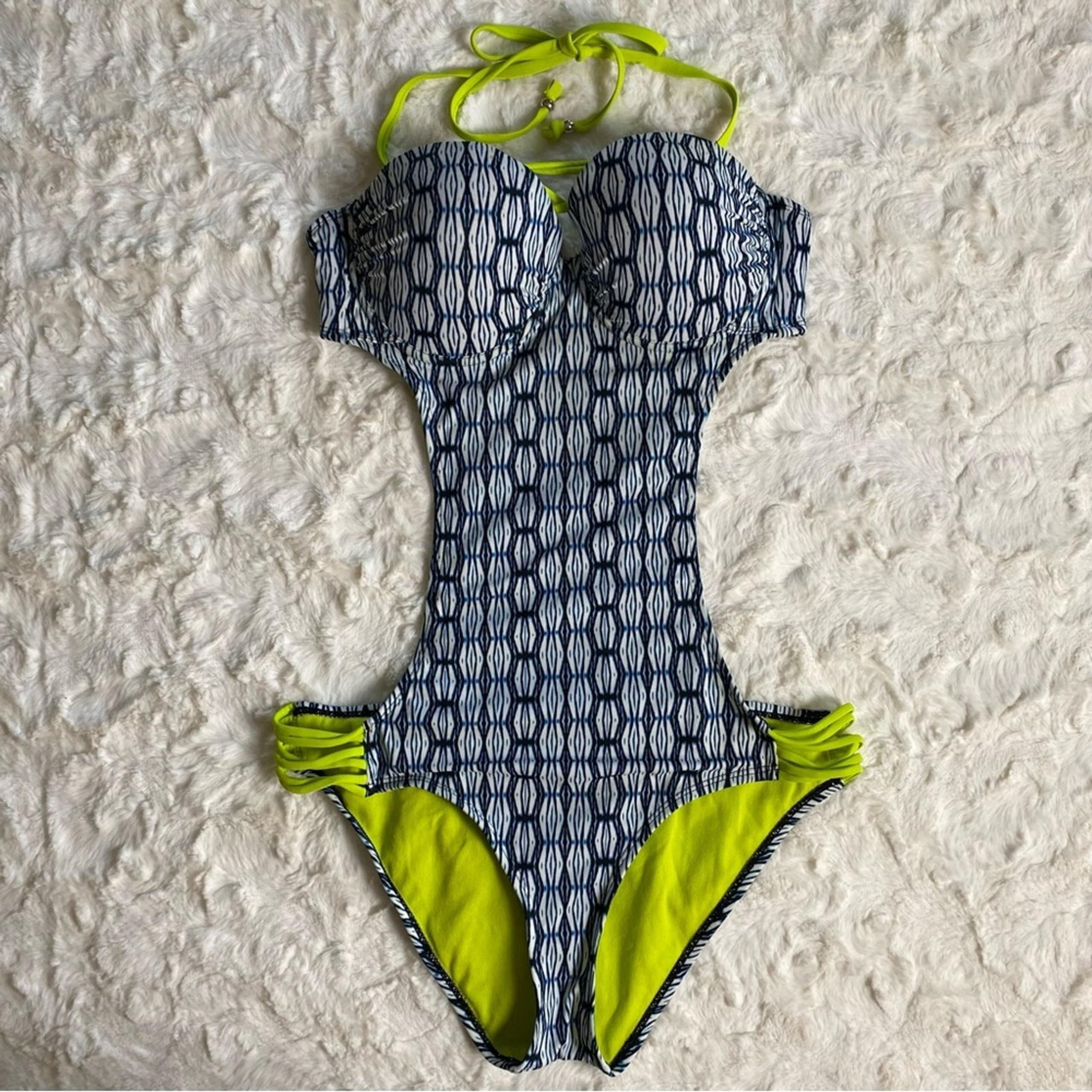 Bongo Patterned Blue and Neon Green Cut Out One Piece Swimsuit Size Large
