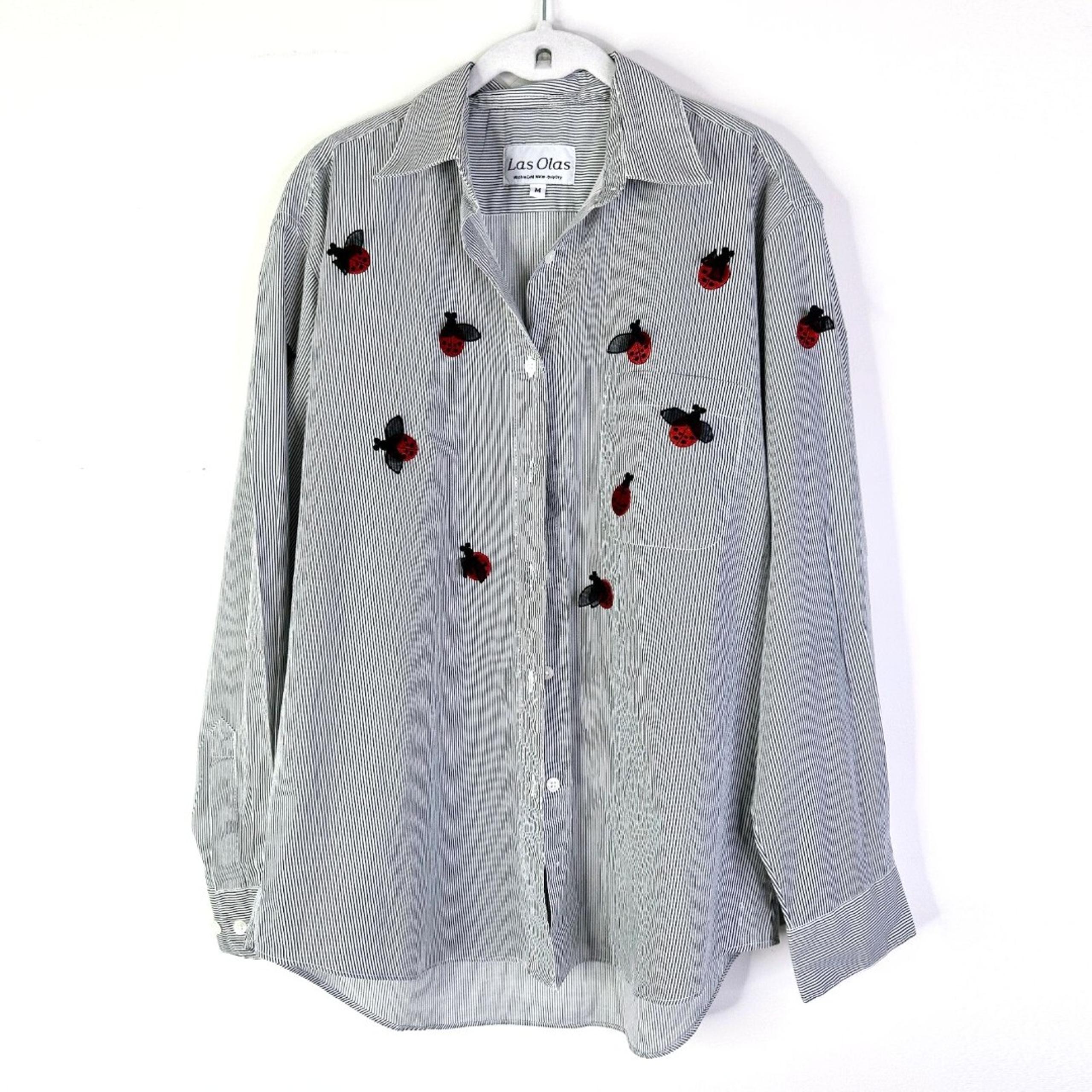 Las Olas Shirt Women M Navy White Striped Ladybug Embroidery Button Up Long Slv