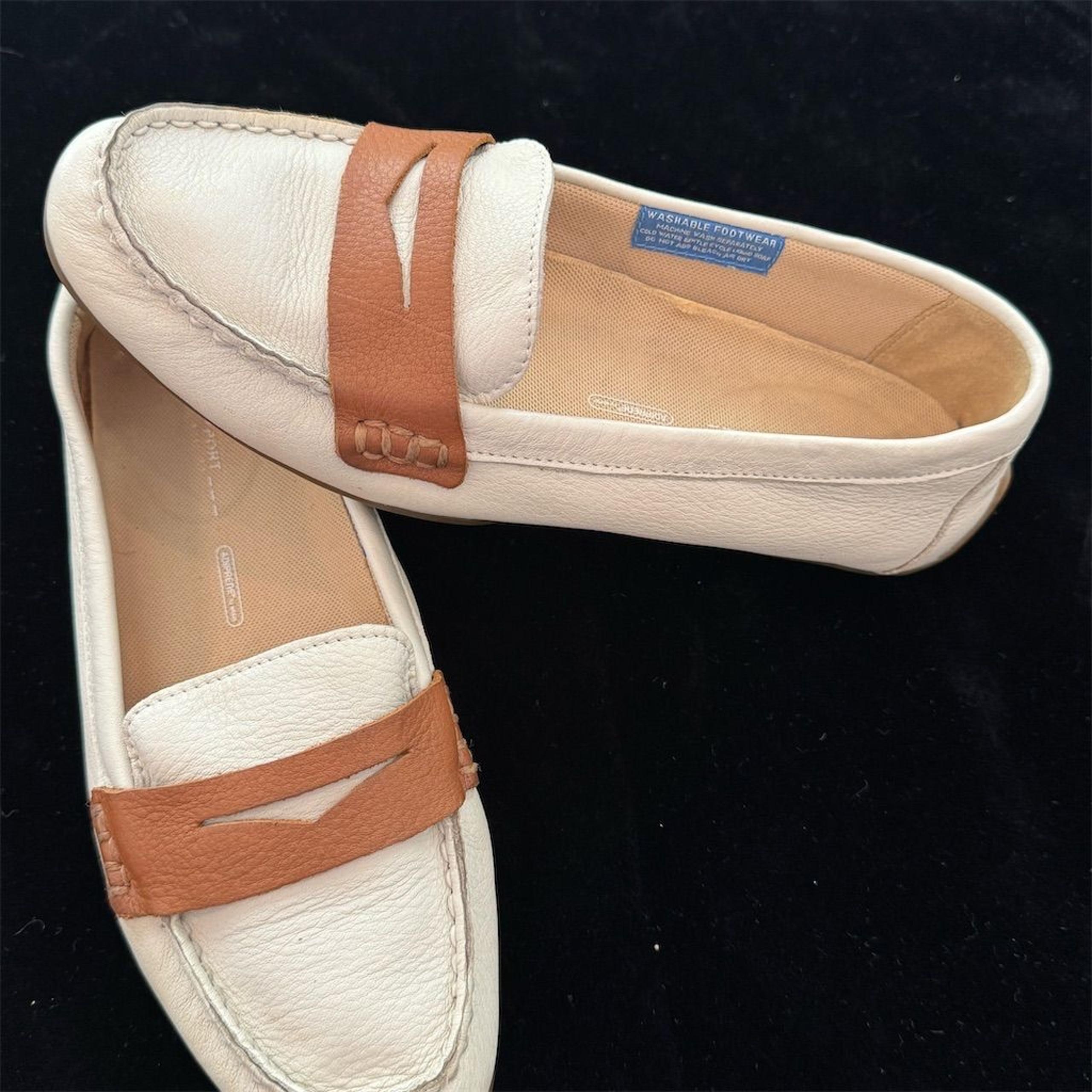 Rockport Women's Bayview White Tan Leather Penny Loafers Size 7 Casual Slip On