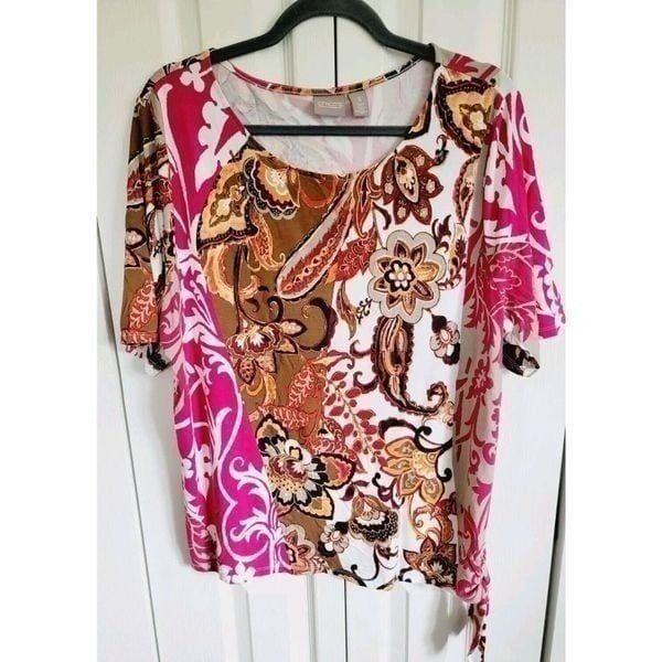 Chico's 3 Side Tie Scoop Neck Short Sleeve Shirt Top Paisley Pink Brown White