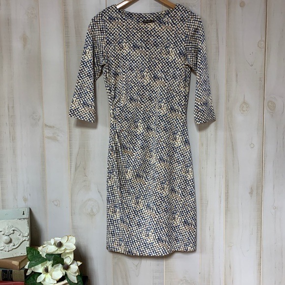 J. McLaughlin Blue Tan Print Ruched Side Dress XS
