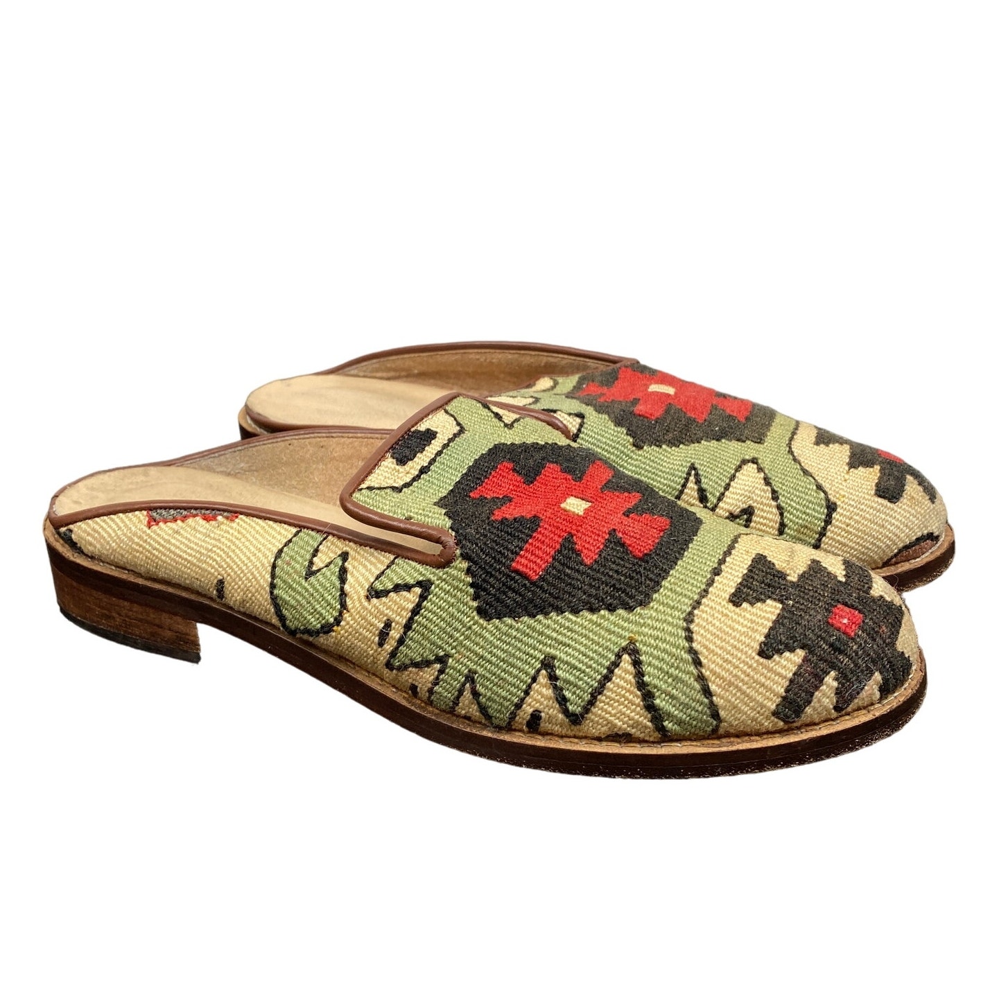 Turkish Kilim Wool Embroidered Carpet Mules Shoes Women's 6 Indie Boho Art