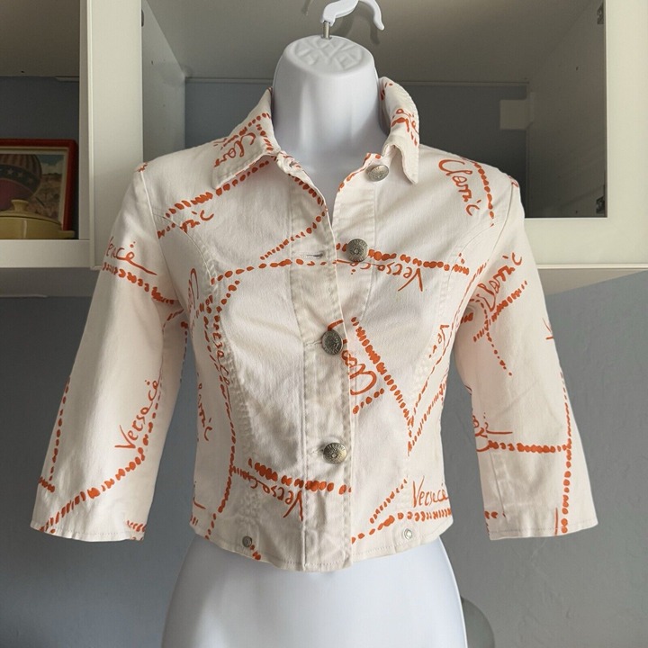 Versace Classic V2 Cropped Jacket Denim Vintage Y2K 36 XXS White Orange Print