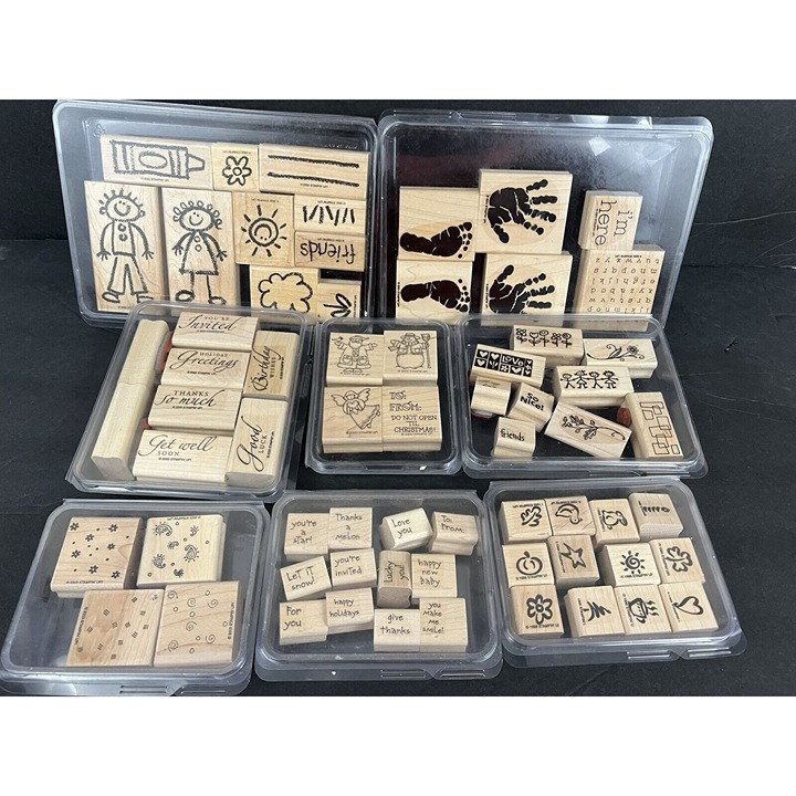 Vtg Lot Of 65 Stampin' Up Wood Mounted Rubber Stamps Assorted Themes 1998 - 2005