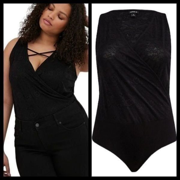 4X 26W Torrid Black Lace Strappy Bodysuit Snap Faux Wrap V Neck Sheer Party Mesh