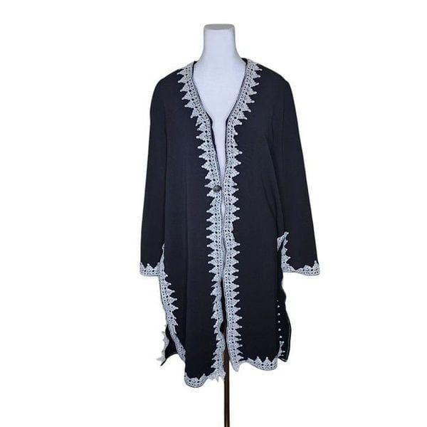 Vintage 80s Long Sleeve Duster Jacket Embroidered Lace Womens Size M Black