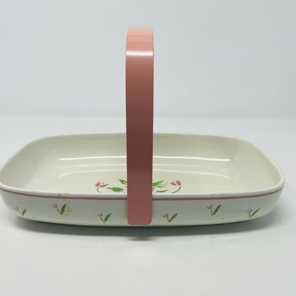 Vintage Teleflora 1985 Ceramic Serving Dish with Handle Pink Floral Print White
