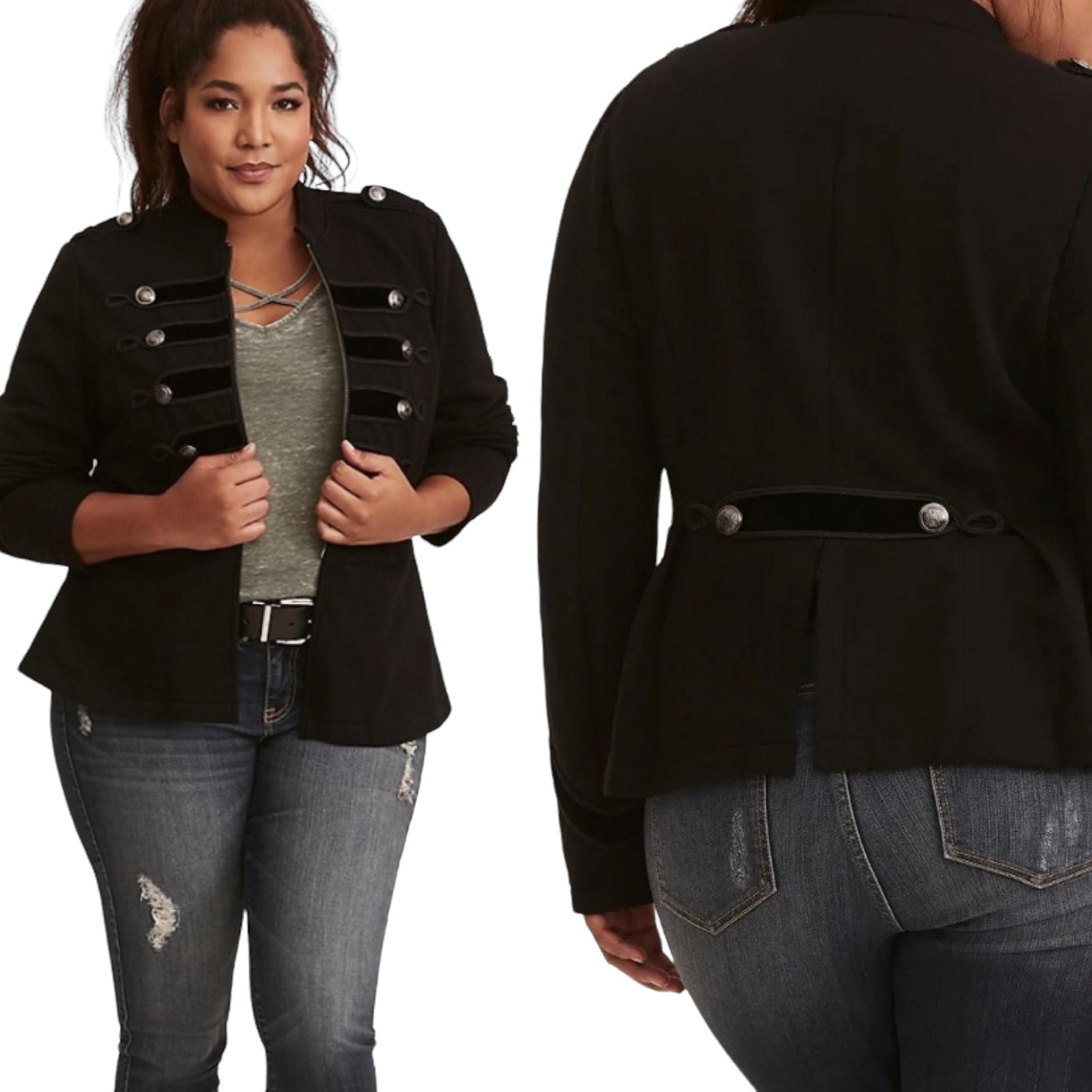 Torrid Military Jacket Zipper Front Velvet Embroidered Button Up Peplum Black 1X