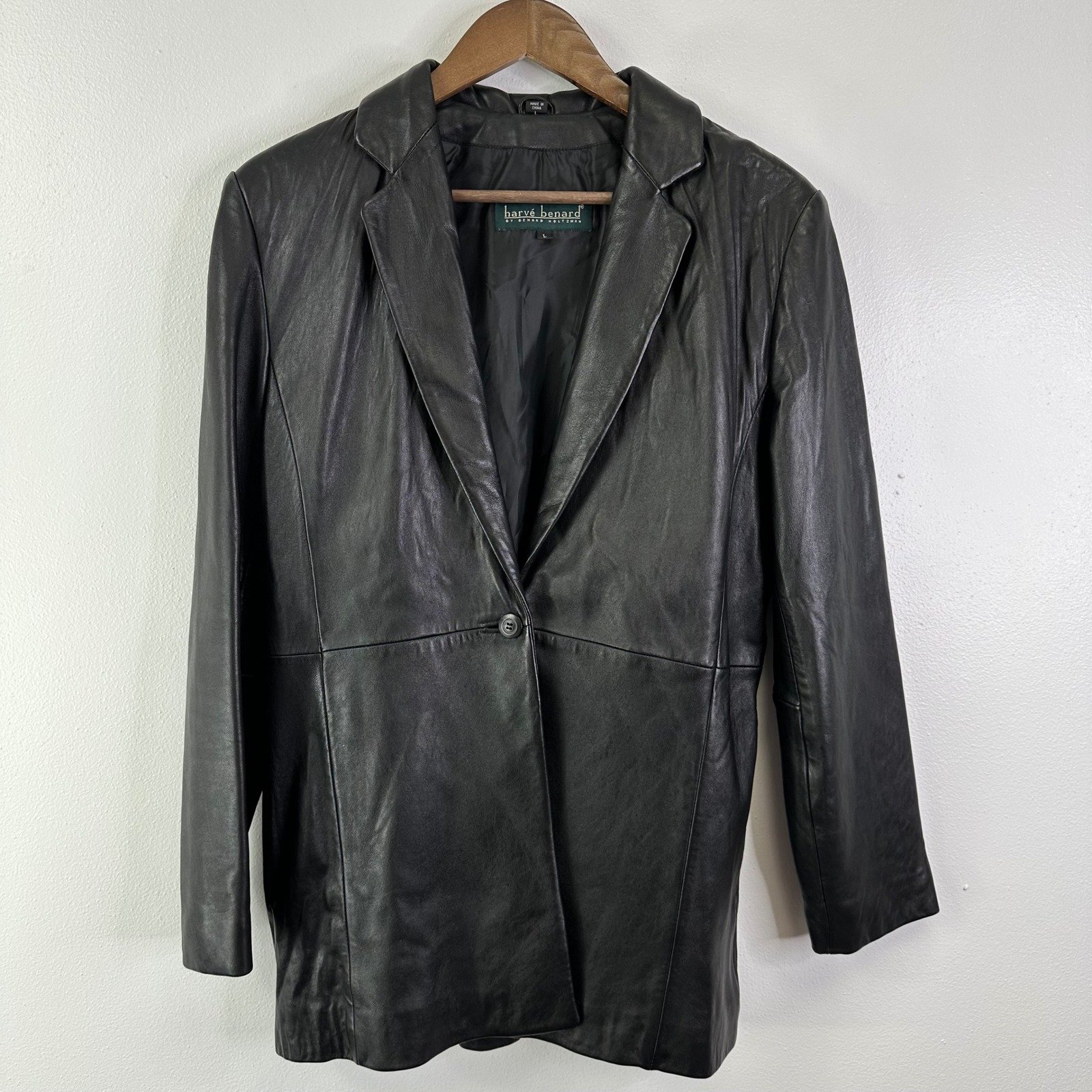 Harve Benard Single Button Long Leather Blazer Coat Black Size L