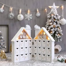 Wooden Christmas Advent Calendar House with 24 Drawers & Lights