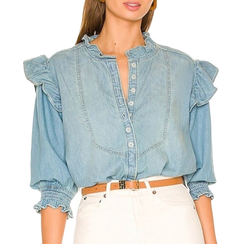 Free People S We the Free Louise Blue Denim Top Ruffle Western Button Front