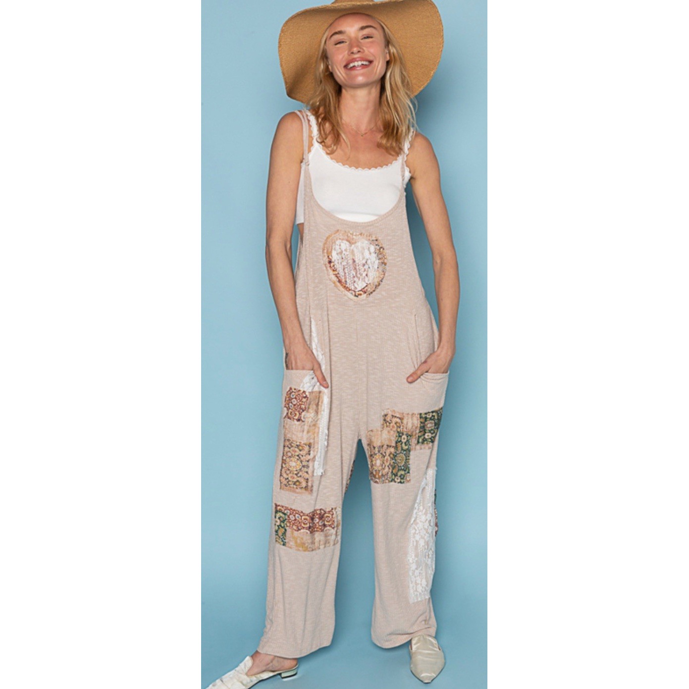 POL Almond Cream Patchwork Casual Ribbed Harem Overalls Boho Jumpsuit Sz L