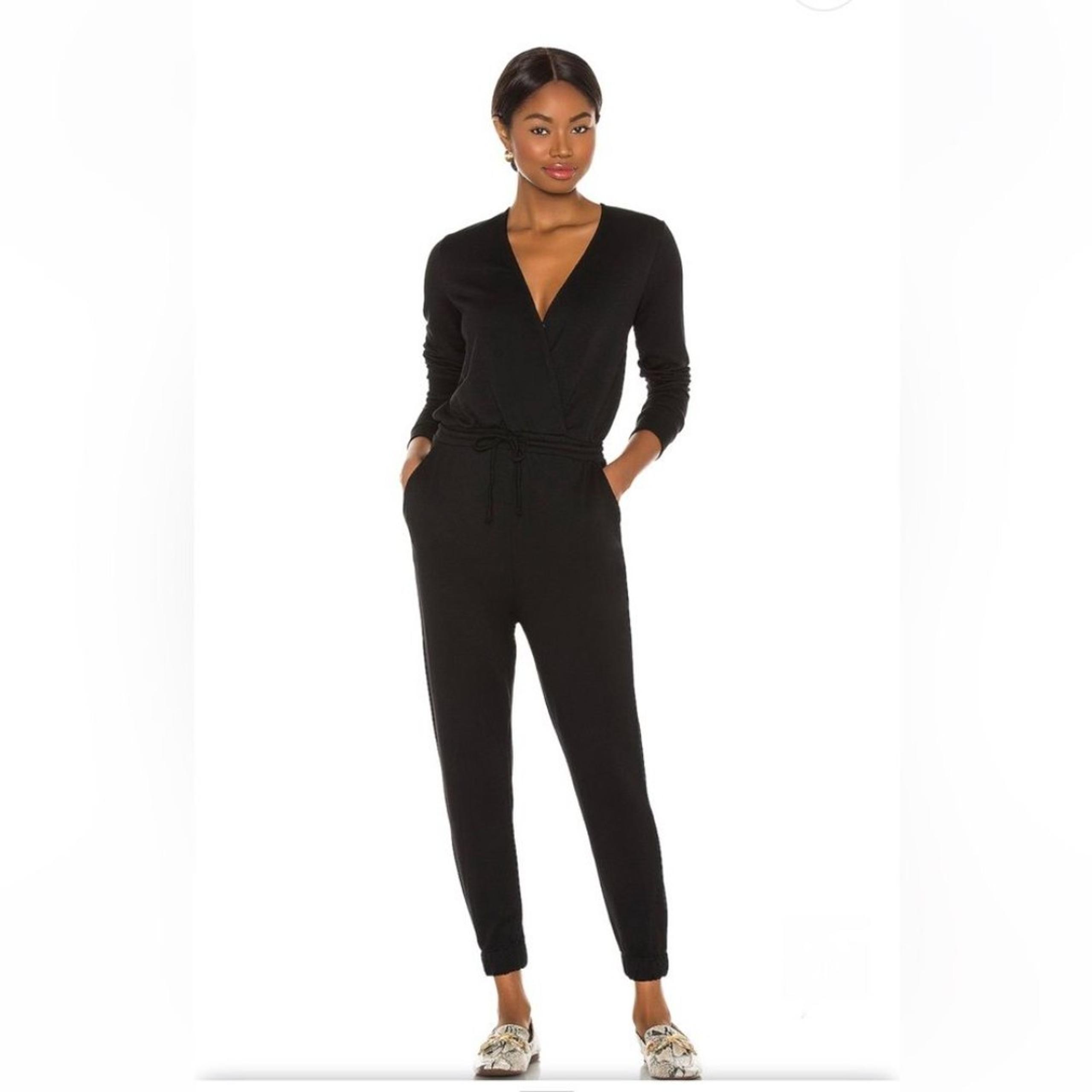 Beyond Yoga Black Overlapping Long Sleeve Fleece Jumpsuit Large
