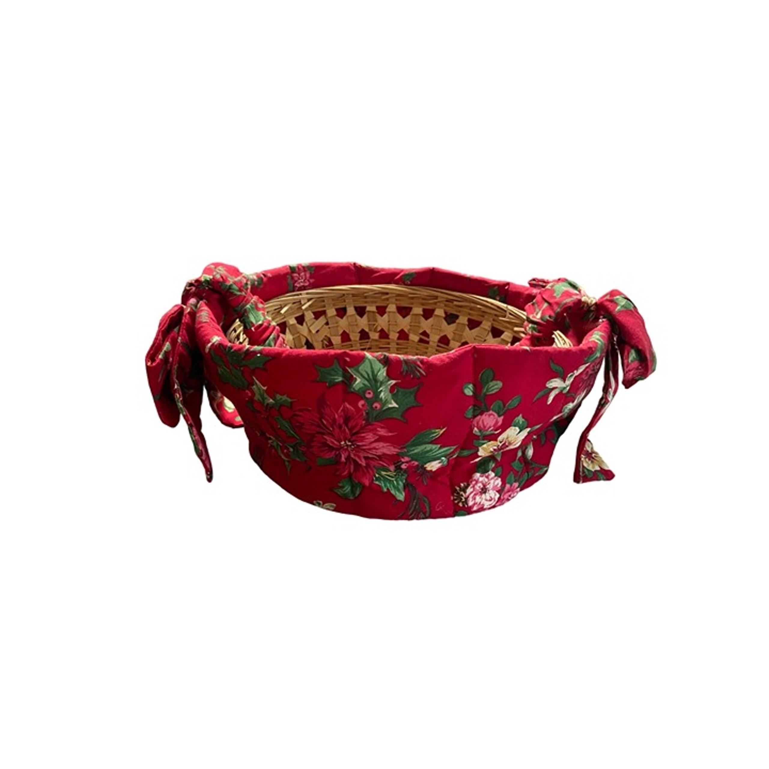 Handmade Wicker Basket Red Poinsettia Fabric Liner Holiday Christmas Floral Deco