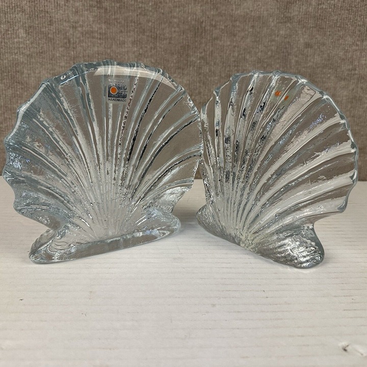 Vintage Blenko Heavy Clear Glass Bookends Seashells Ocean Nautical 7 in