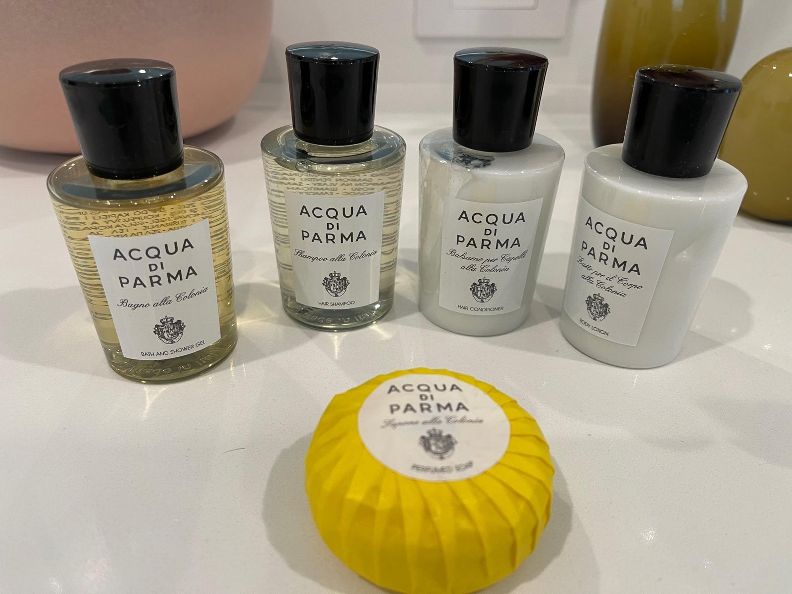 Acqua di Parma bath set, soap, shampoo, conditioner, shower gel, body lotion