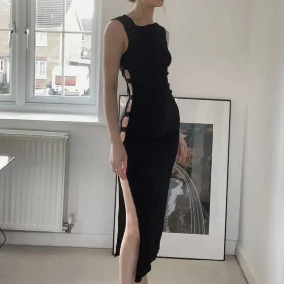 NWT Zara Side Cutout Asymmetrical Neckline Slit Bodycon Midi Dress