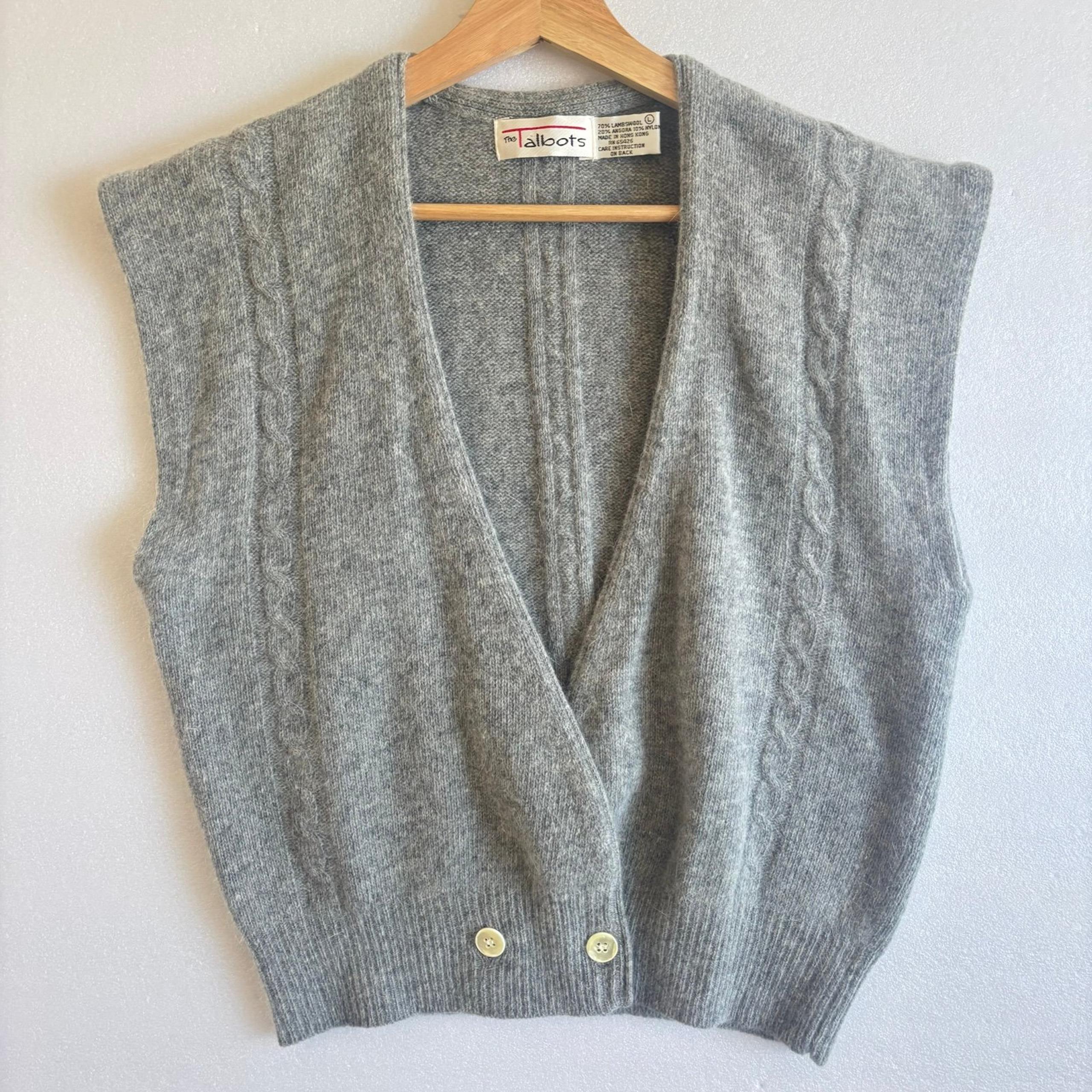 Talbots Gray Angora Lambswool Sleeveless V-Neck Sweater Cardigan Vest Sz L