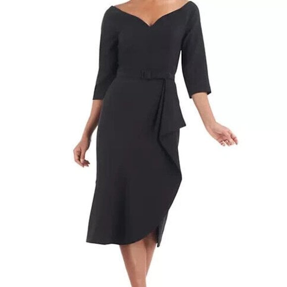 Kay Unger Black Izzy Ruffle Side Slit Midi Dress *Less Belt*